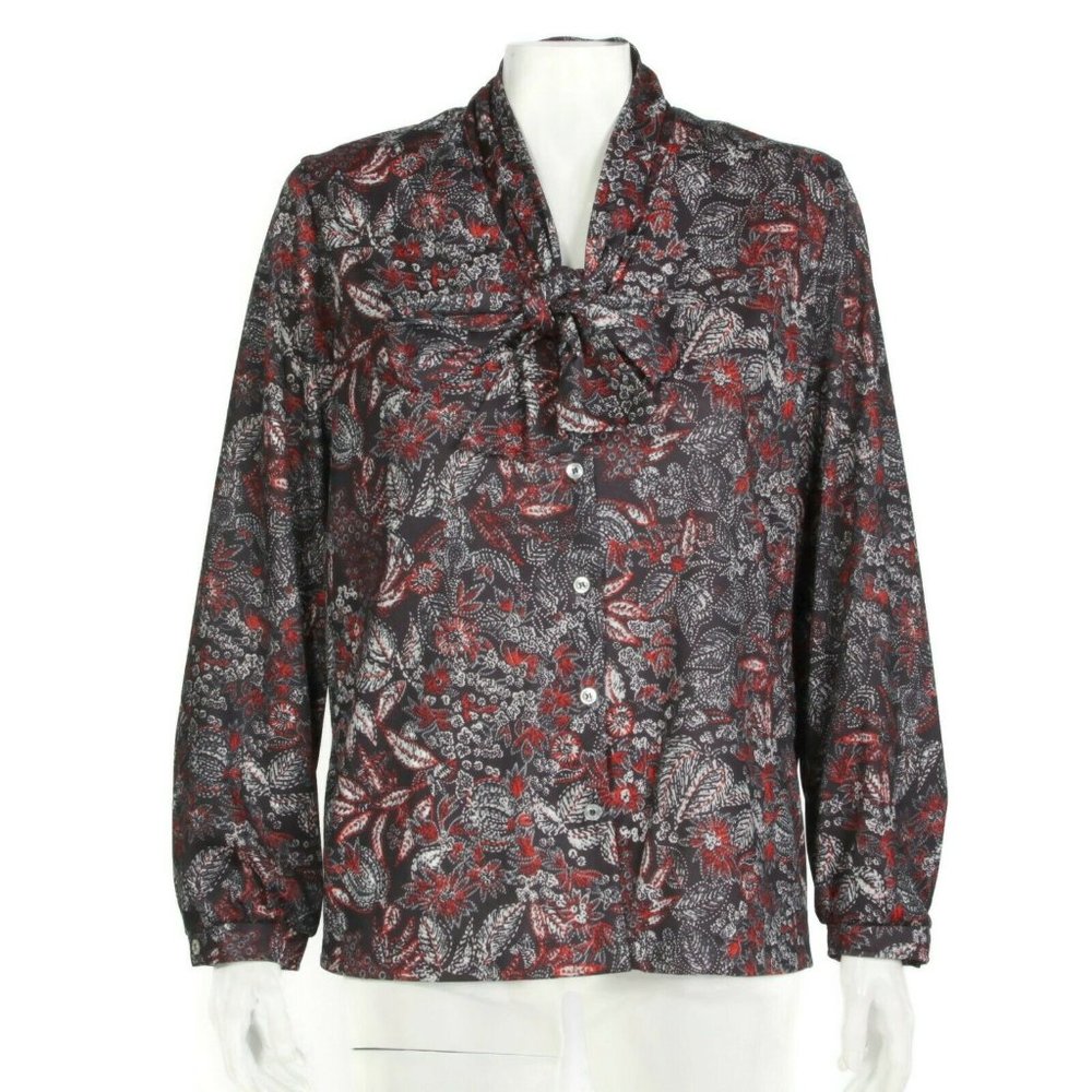 Fire Islander Vintage Pussy Bow Blouse Top M/L Boho Floral Black Red - 412